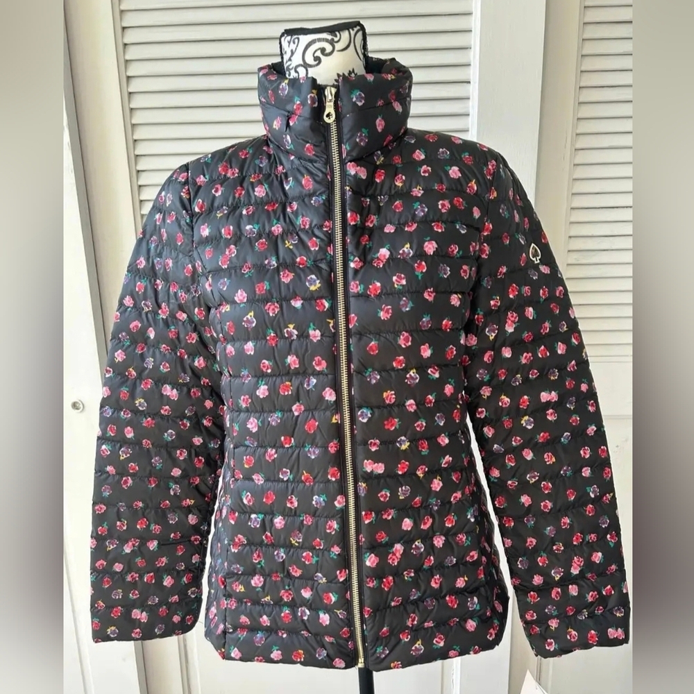 Kate Spade Black Floral Puffer Jacket Coat Size XS EUC